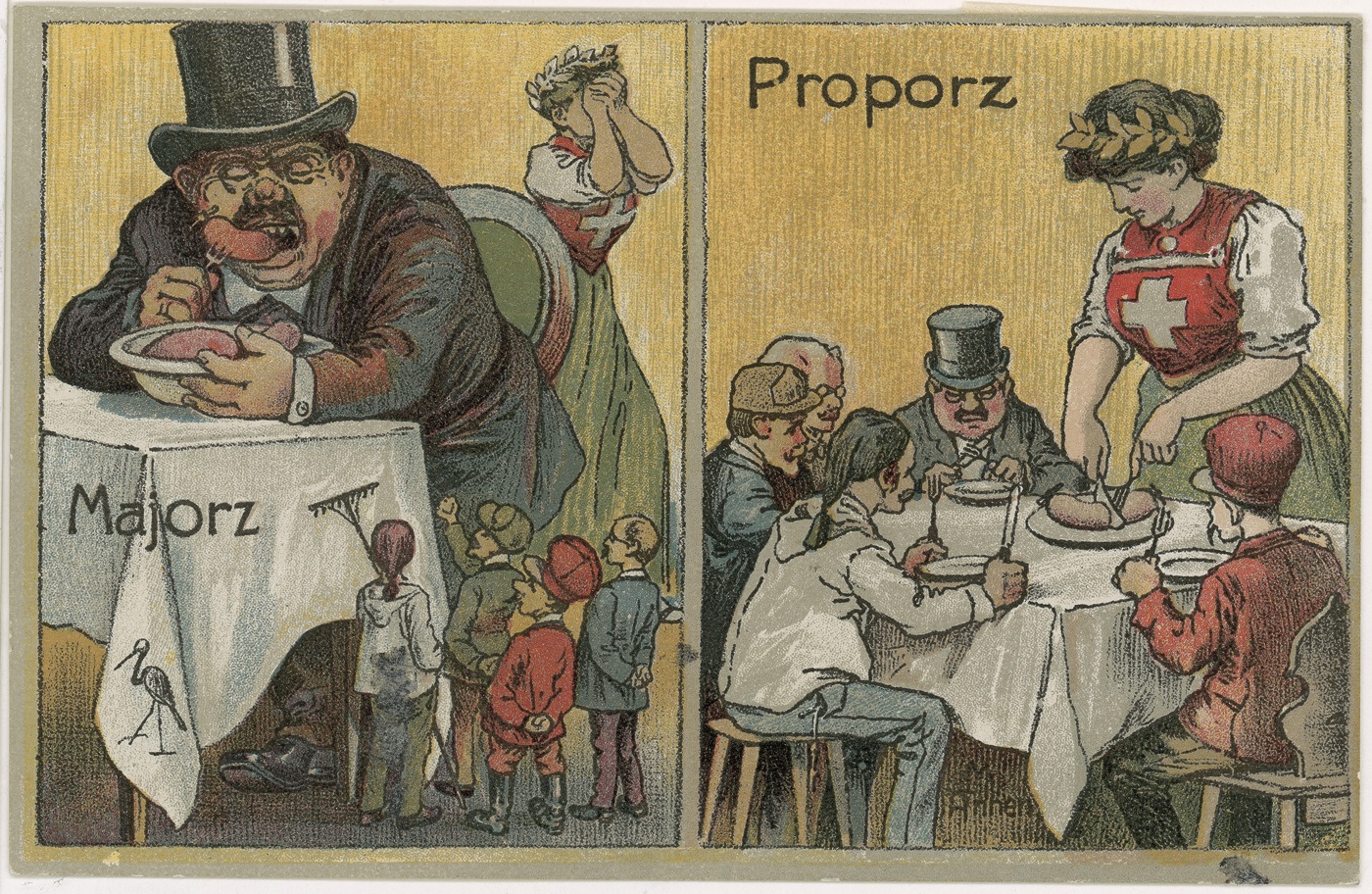 Zweigeteiltes Bild: Links isst einer alleine am Tisch, rechts erhalten mehrere von Helvetia zu essen.