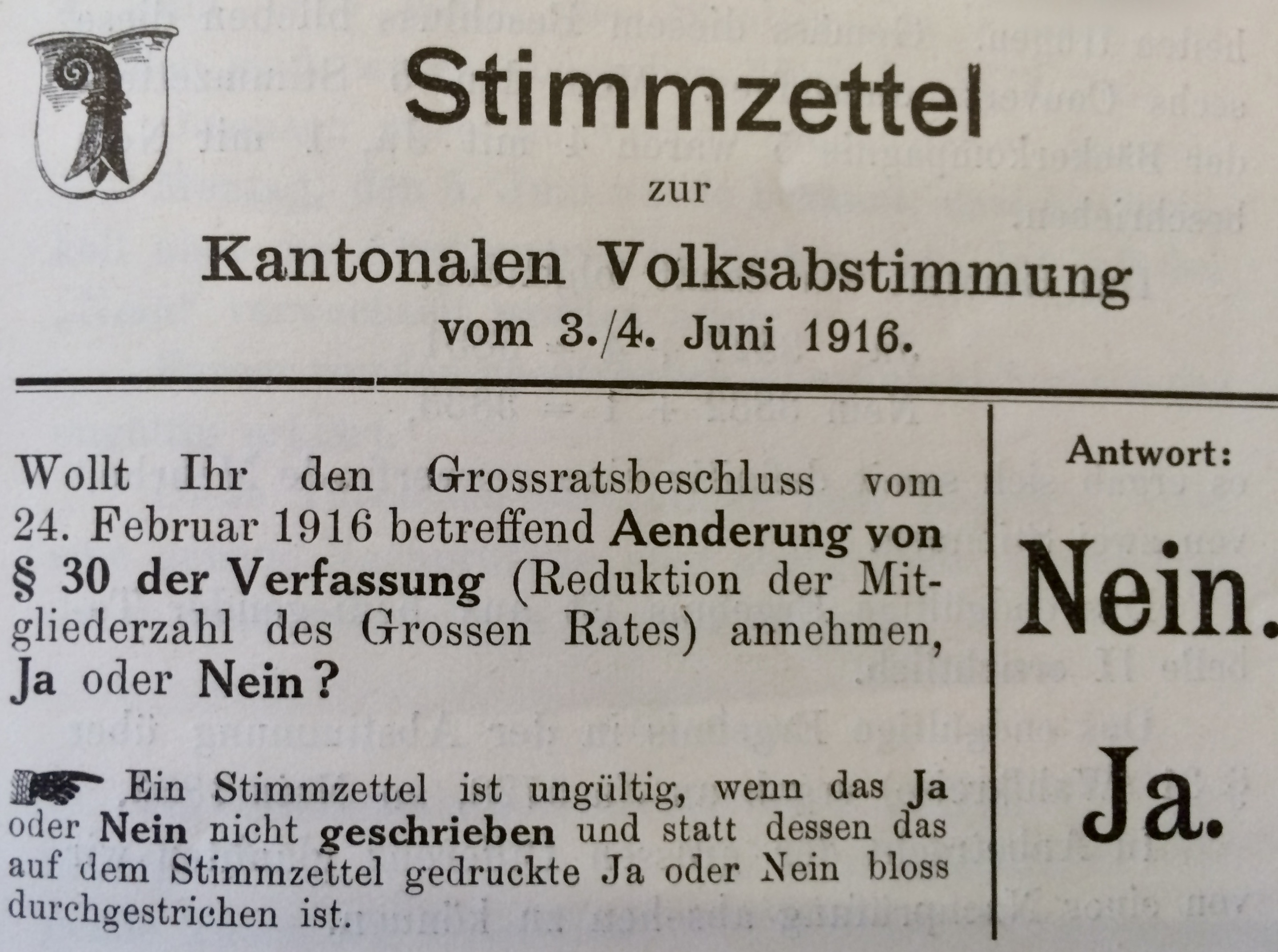 Der Stimmzettel von 1916 zur Abstimmung über die Verkleinerung des Grossen Rates.