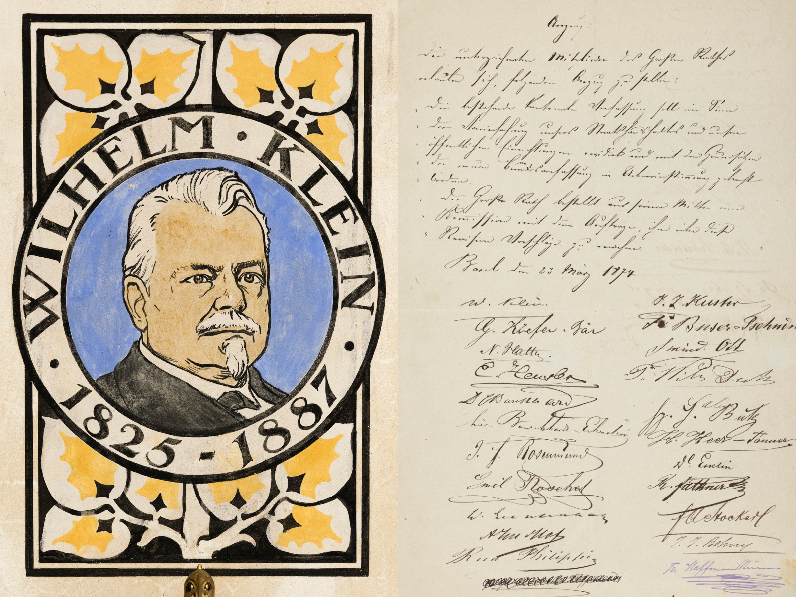 Zweigeteiltes Bild: Links ein farbiges Medaillon mit dem Kopf von Wilhelm Klein, rechts ein bräunliches Textdokument in alter Schrift.